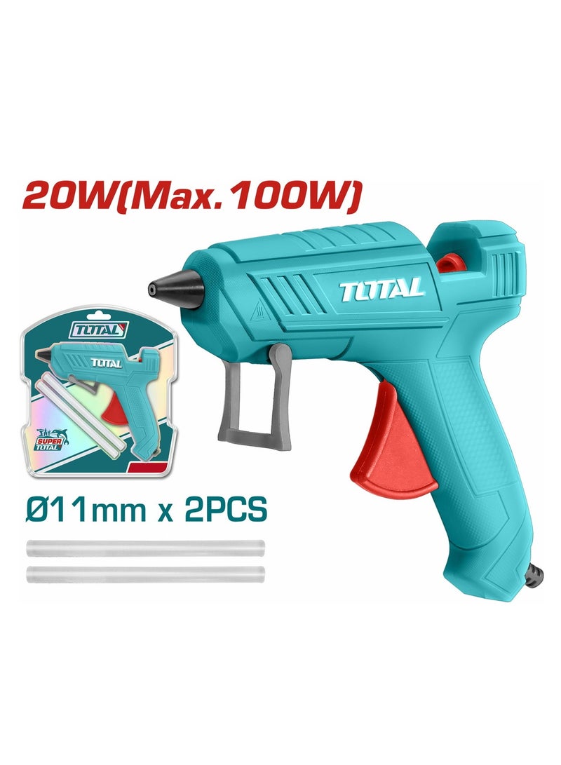 TOTAL 100W Hot Melt Glue Gun 220-240V 50/60Hz Electric Adhesive Gun, 20W/100W Dual Power, 11.2mm Glue Stick Diameter, 15-22g/min High Output, Fast Heating 3-5min, DIY Craft Repair Wood Plastic Fabric Tool with 2 Glue Sticks TT101116 - Image 1